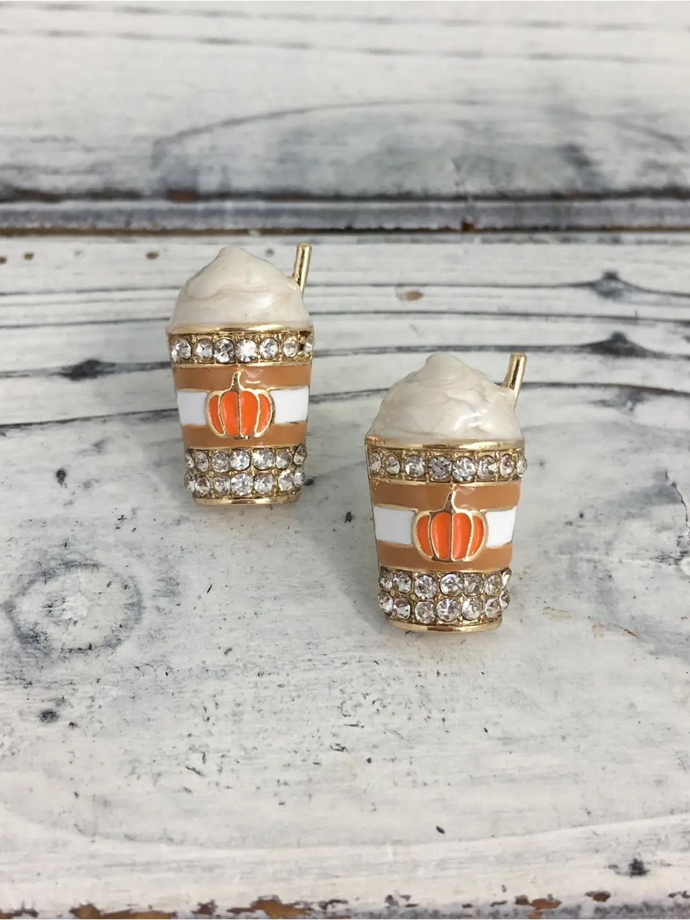 Pumpkin Spice Cup Earrings - Gold Tone Faux Cream Top with Orange Accent